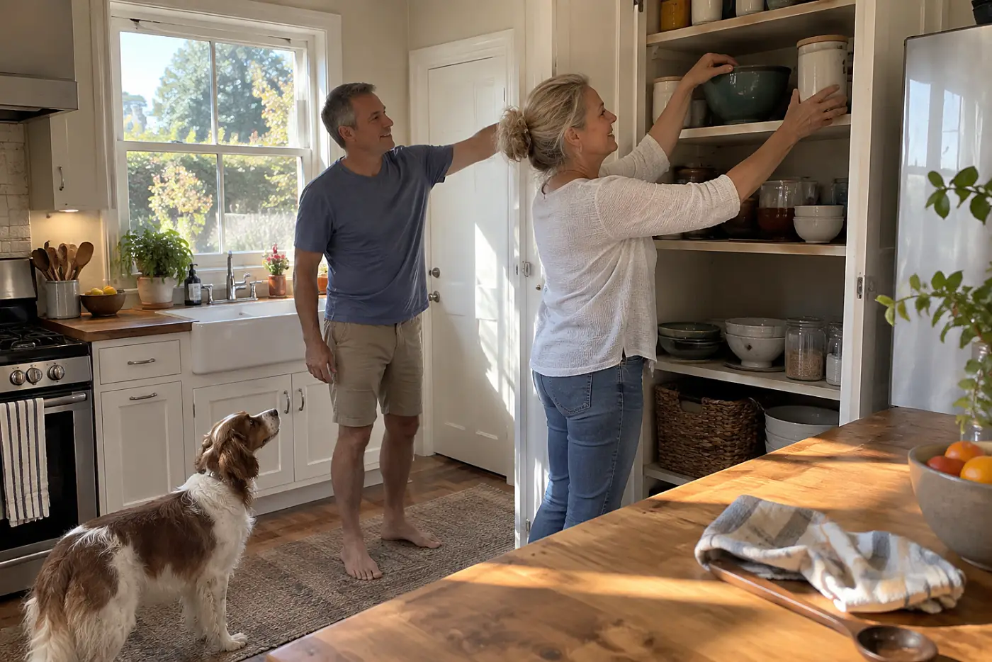 Woman placing a tall canister on a pantry shelf in a kitchen.