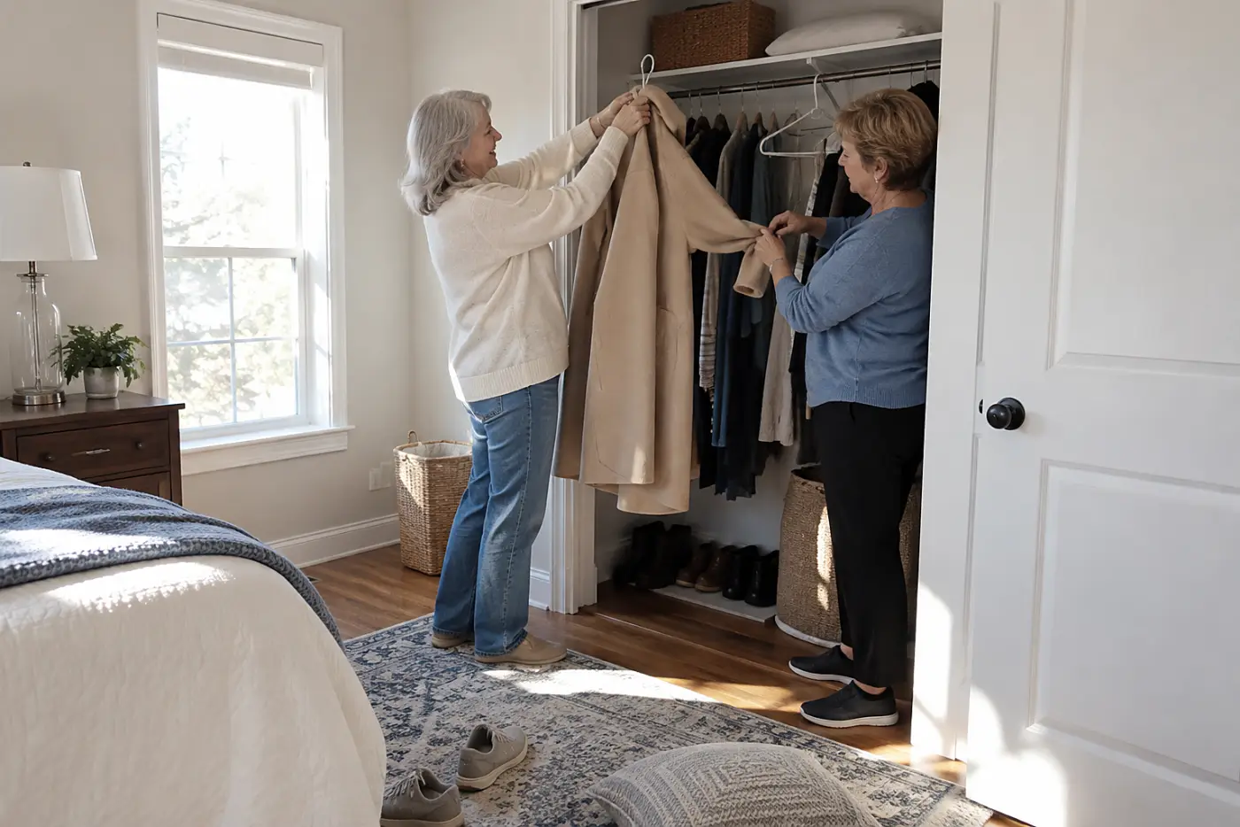 Woman holding a long coat against a closet rod in a bedroom.