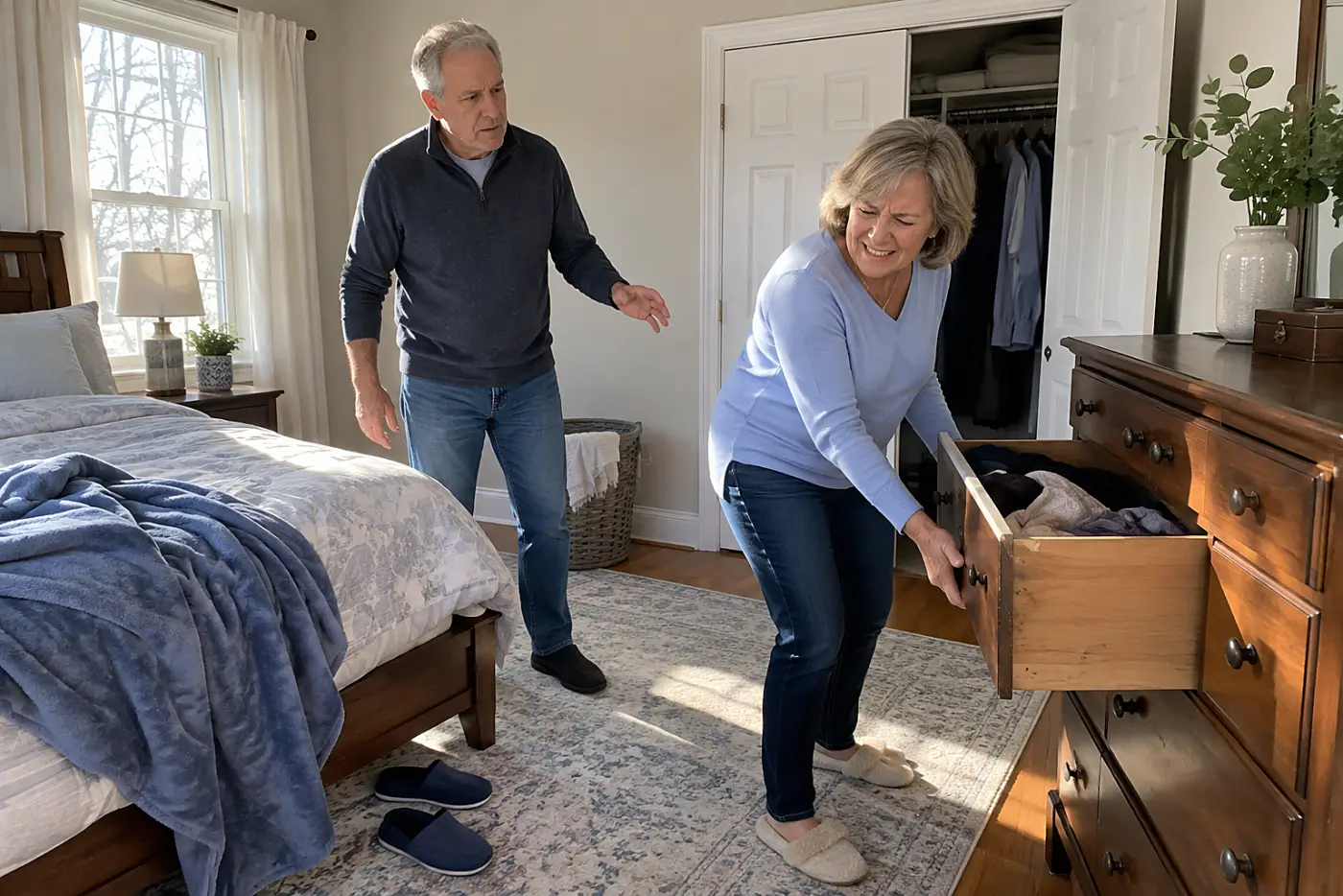 Woman opening a dresser drawer beside a closet door in a bedroom.