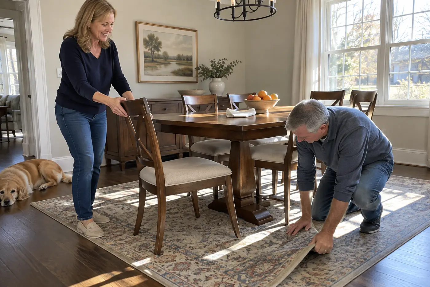 Woman pulling a dining chair back across a rug in a dining room.