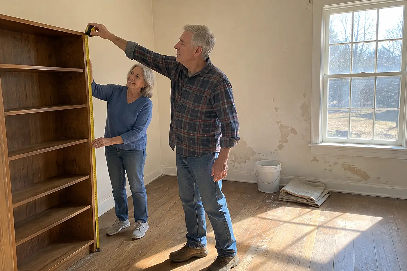 Woman checking a bookcase height with a tape measure in an empty room.