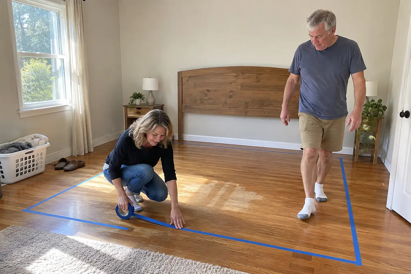 Woman marking a bed's footprint with painter's tape on a bedroom floor.