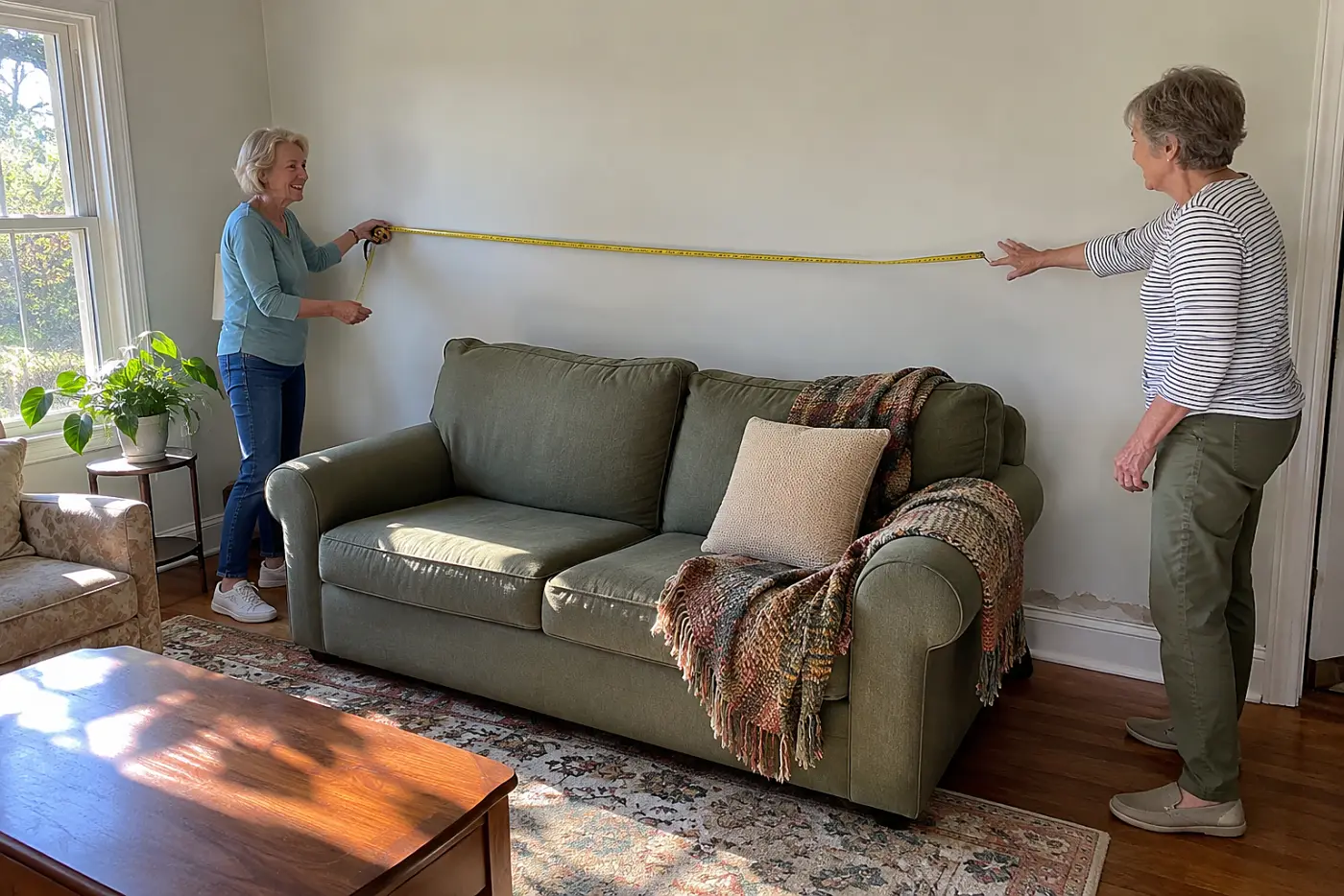 Woman measuring the wall behind a sofa near an open window in a living room.
