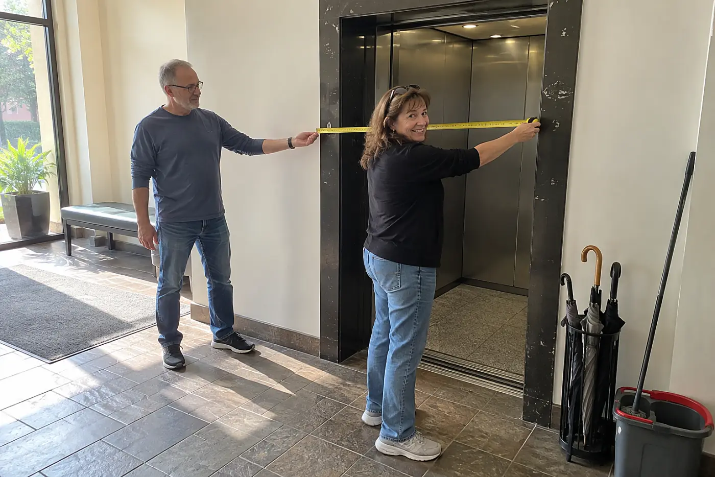 Woman measuring an elevator doorway in an apartment building.