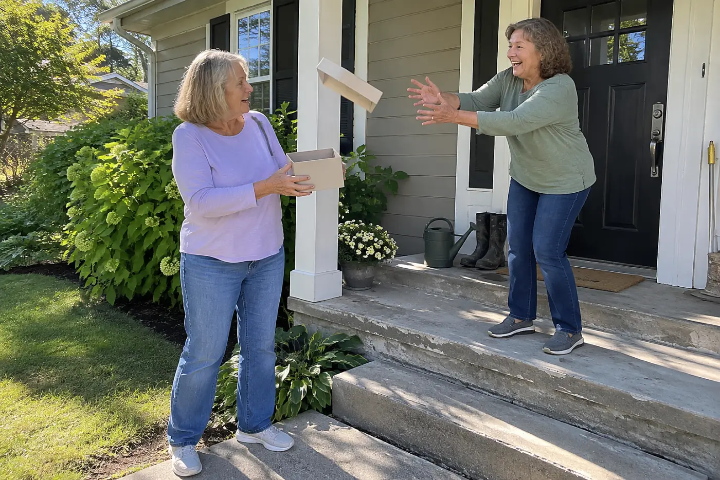 Woman holding a small box beside porch steps at a front entrance.