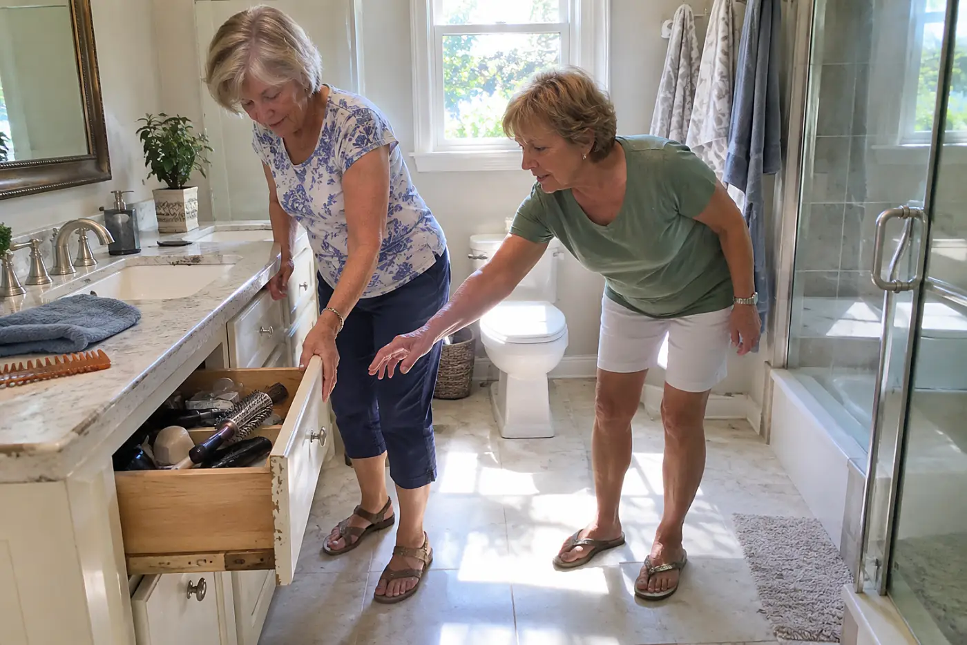Woman opening a vanity drawer beside a toilet in a bathroom.