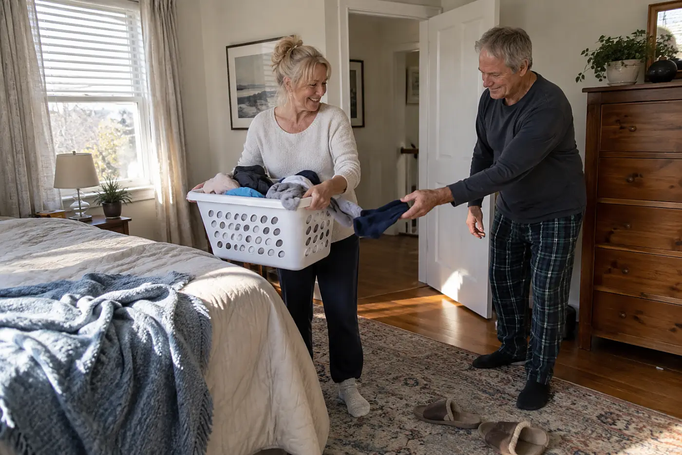 Woman carrying a laundry basket between a bed and bedroom door.
