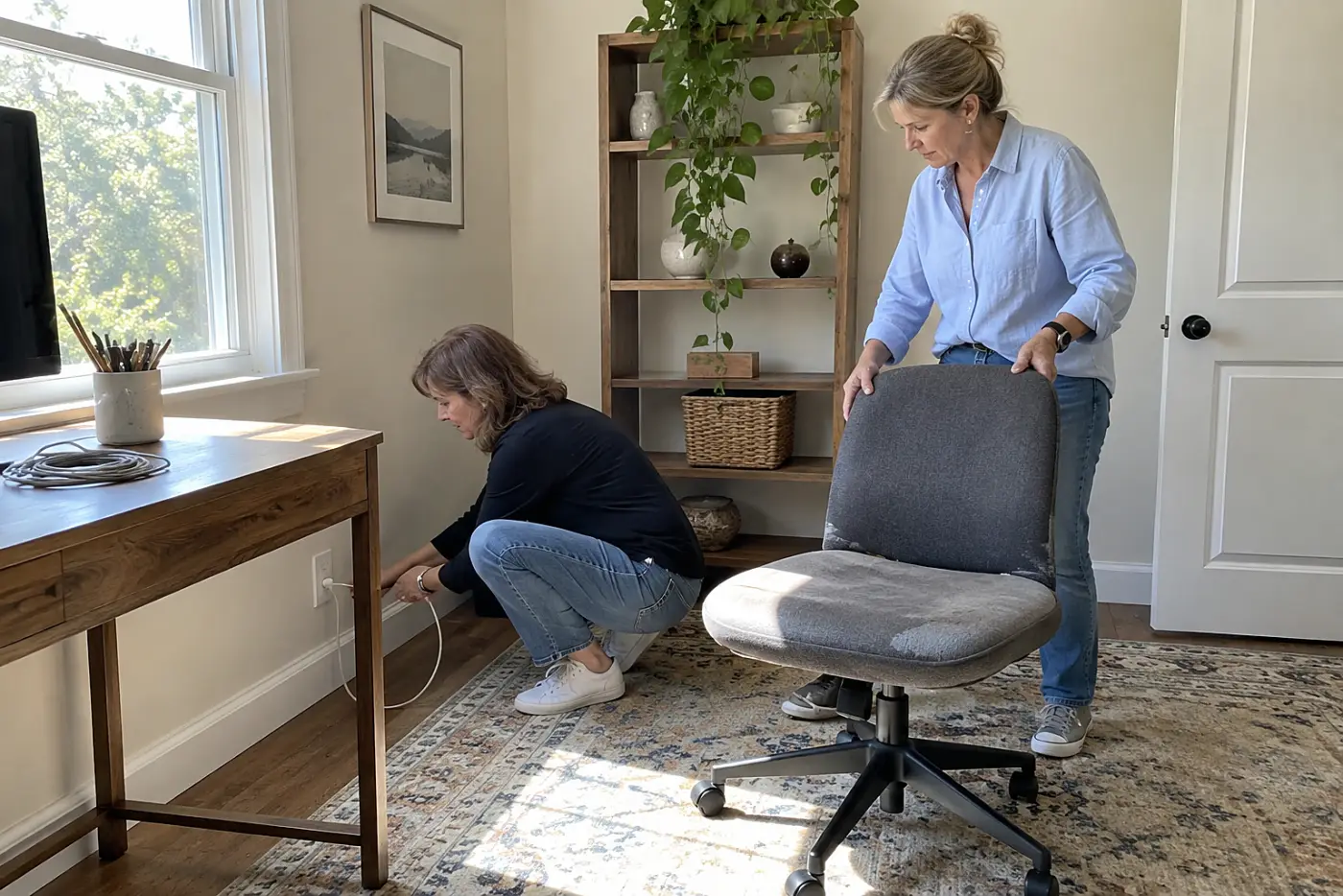 Woman looking at an internet jack beside a desk in a home office.