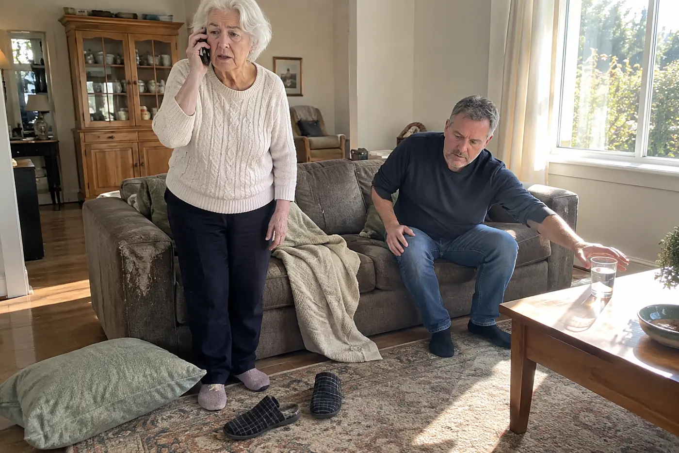 Older woman calling 911 from her living room while a family member sits beside her.