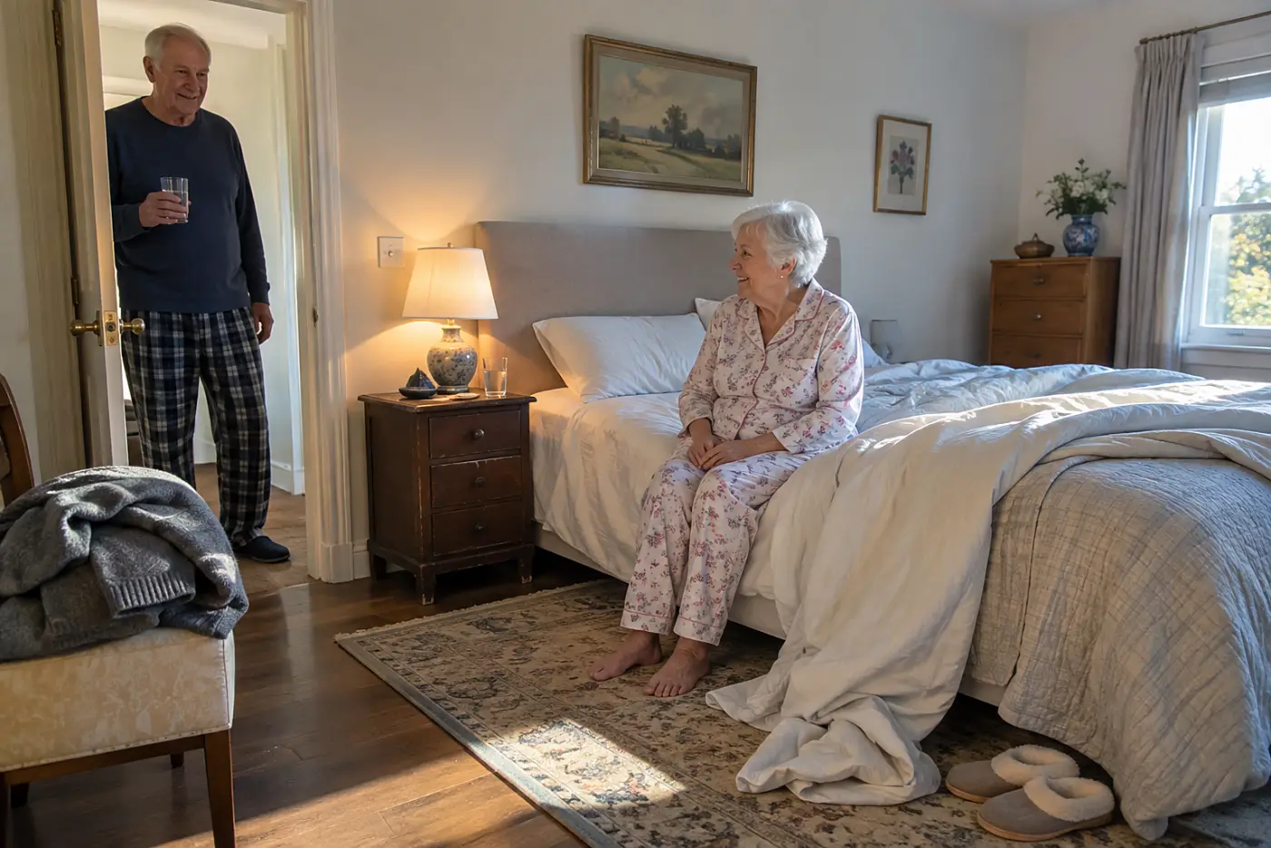 Older woman sitting awake beside a bedside lamp.