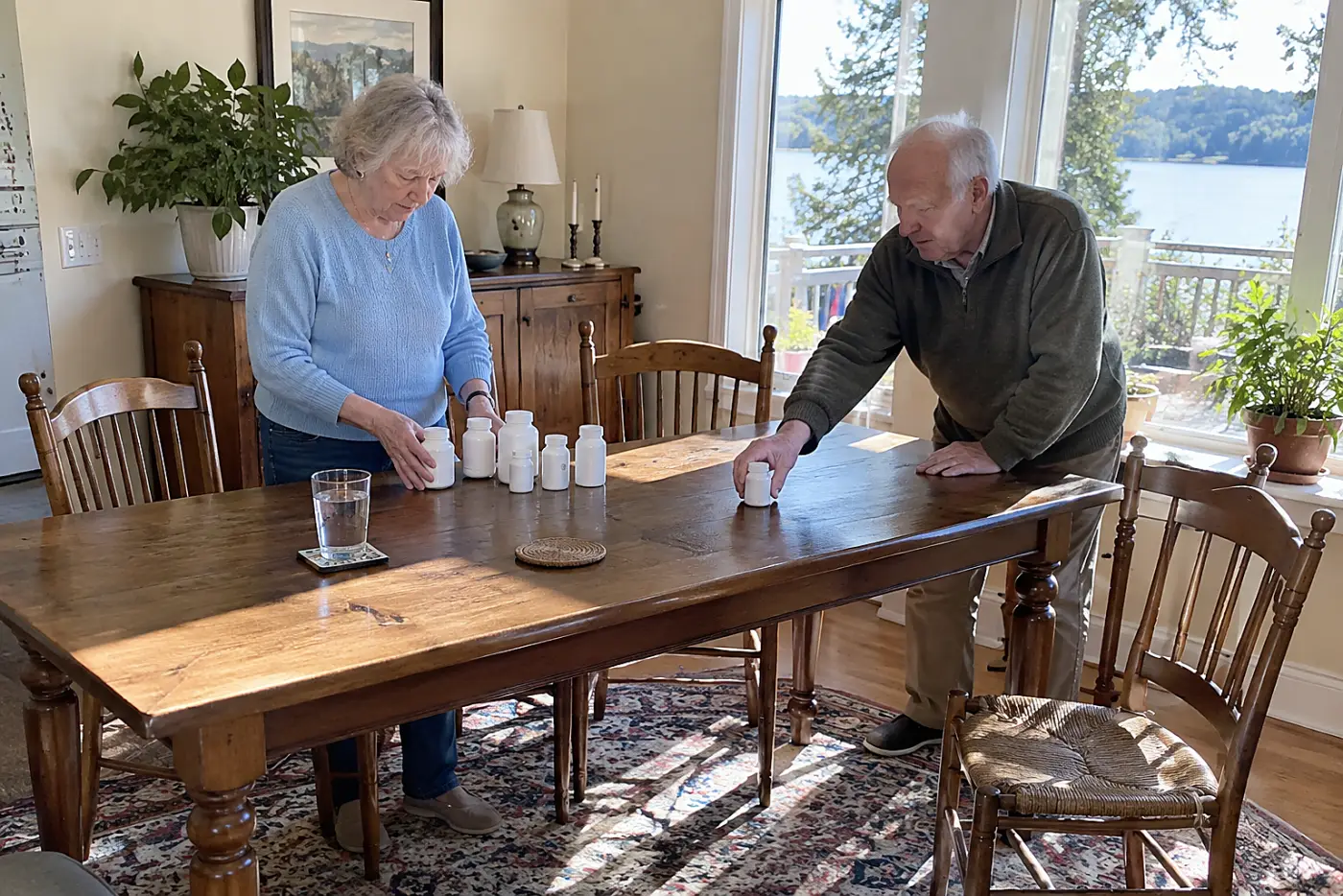 Older woman lining up medicine bottles on a dining table.