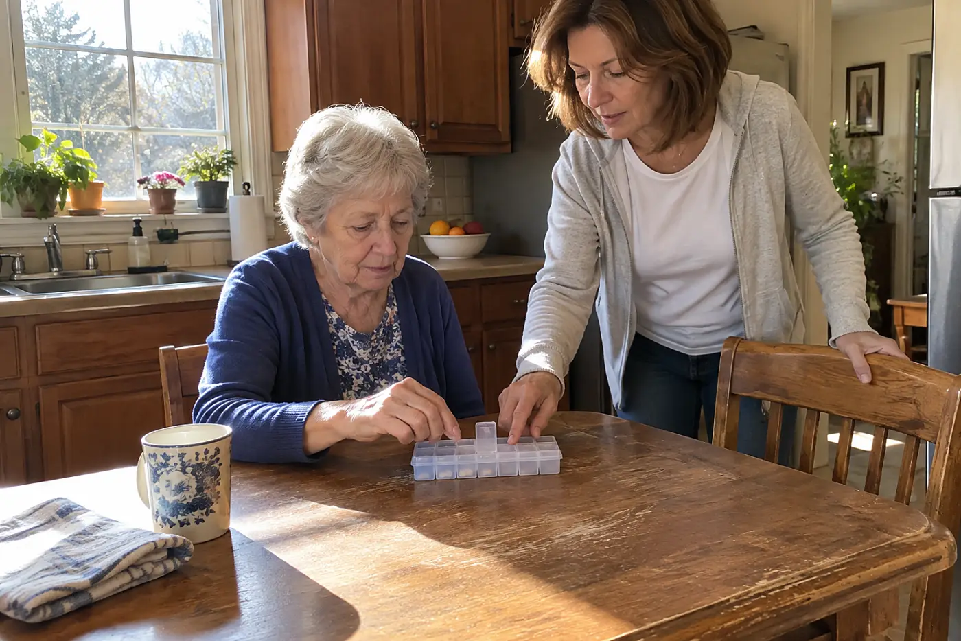 Older woman examining a pill organizer at her kitchen table.