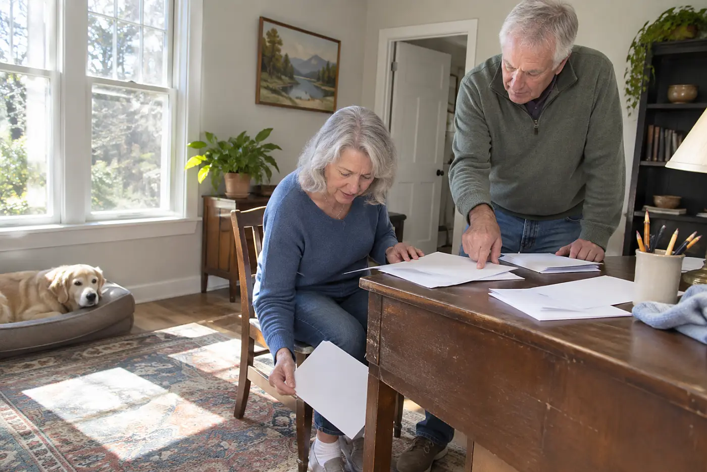 Older woman comparing a utility bill with bank statements at her desk.