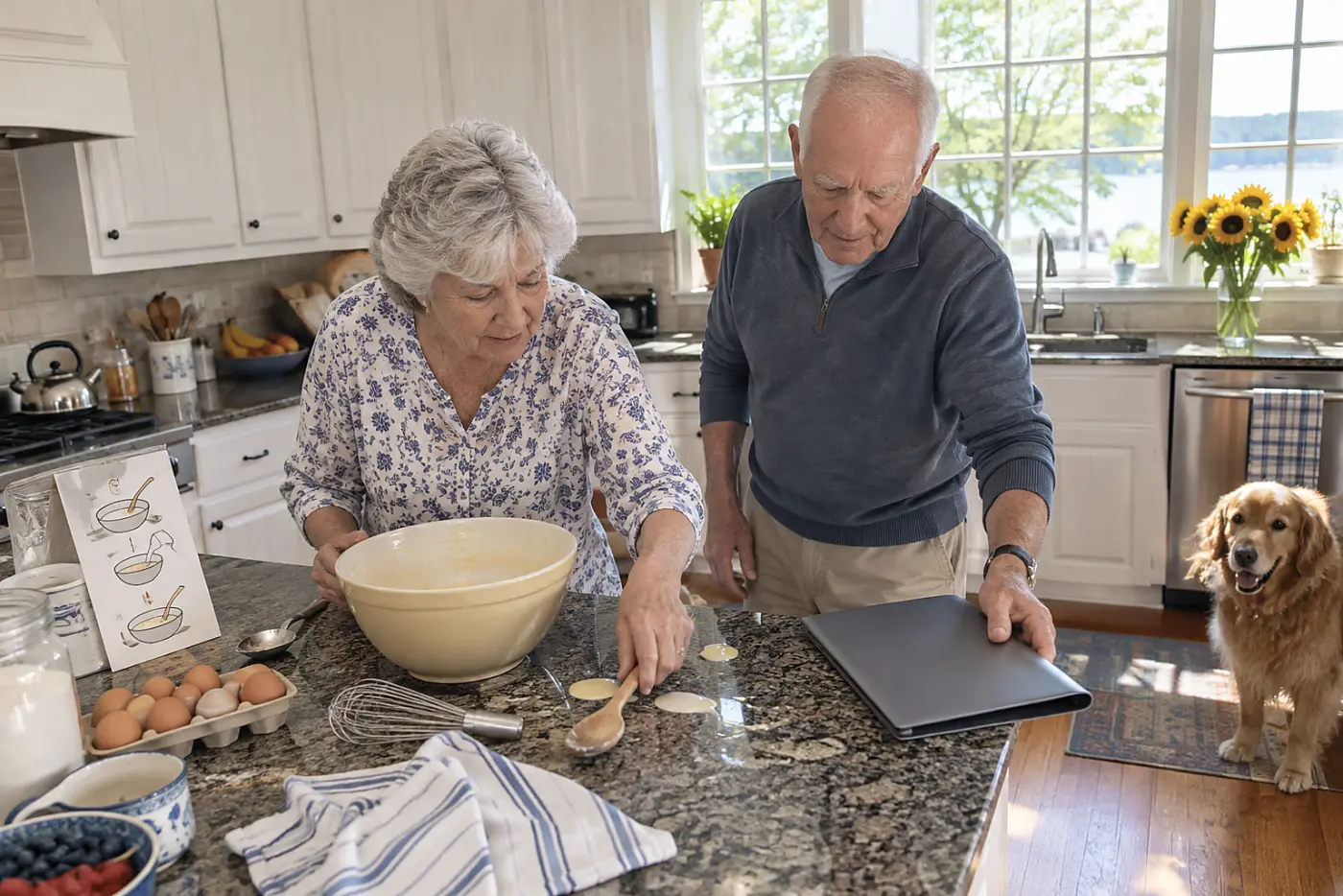 Older woman reading a recipe beside a mixing bowl in her kitchen.