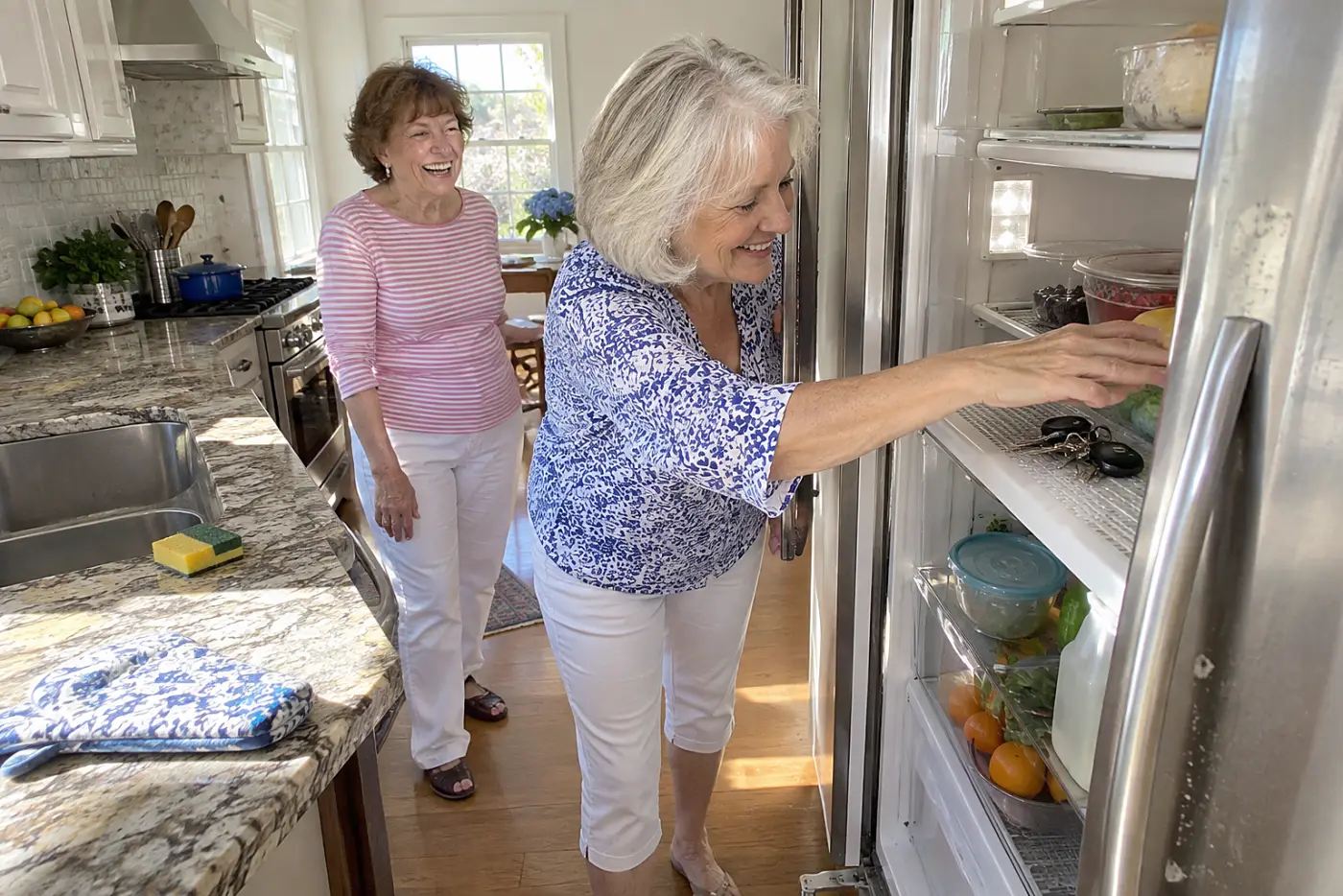 Older woman finding her keys on a refrigerator shelf.