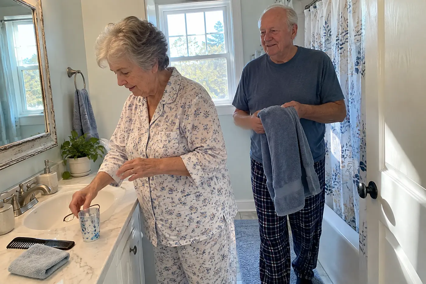 Older woman picking up glasses beside a bathroom sink.