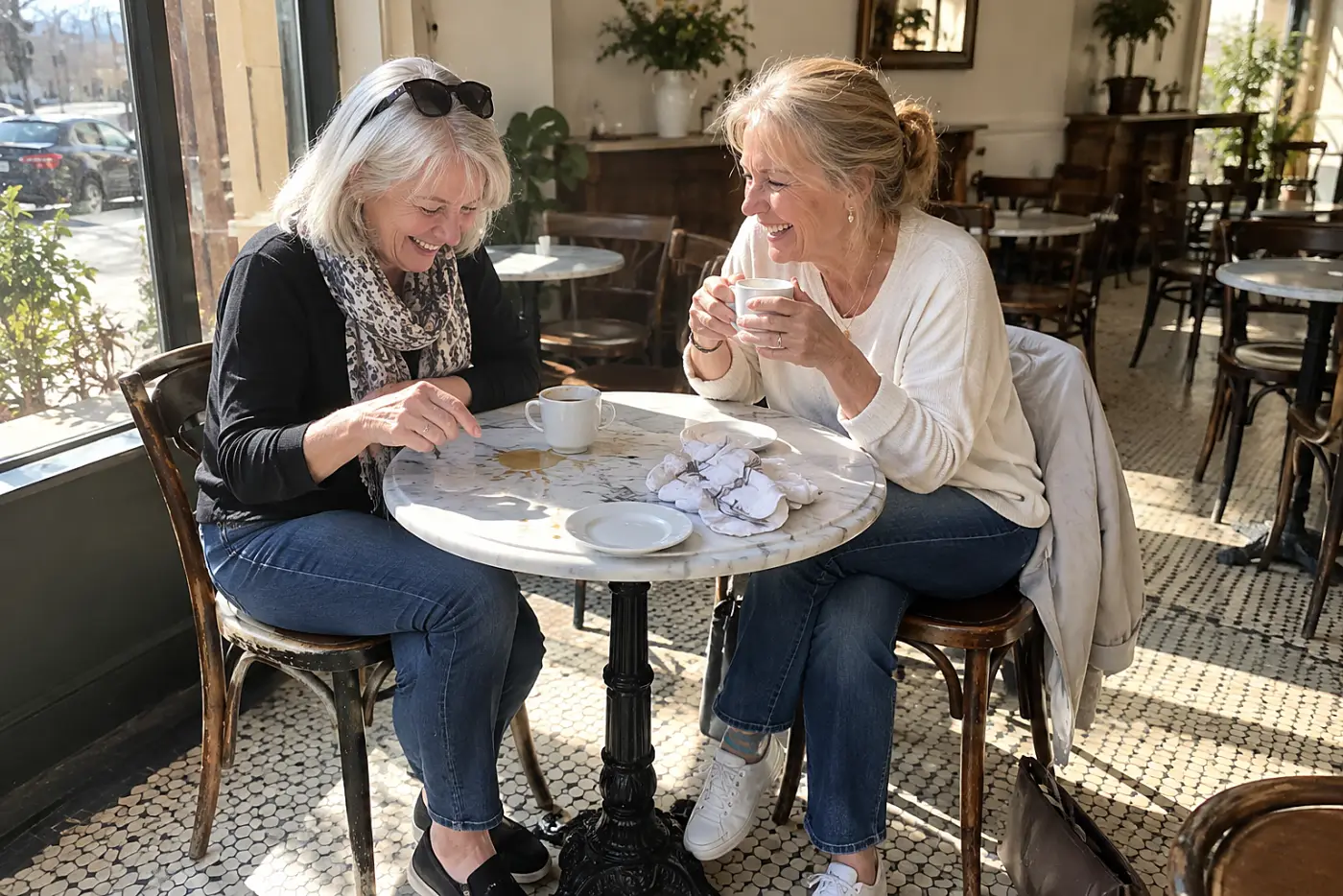 Two older women talking over coffee at a small café table.