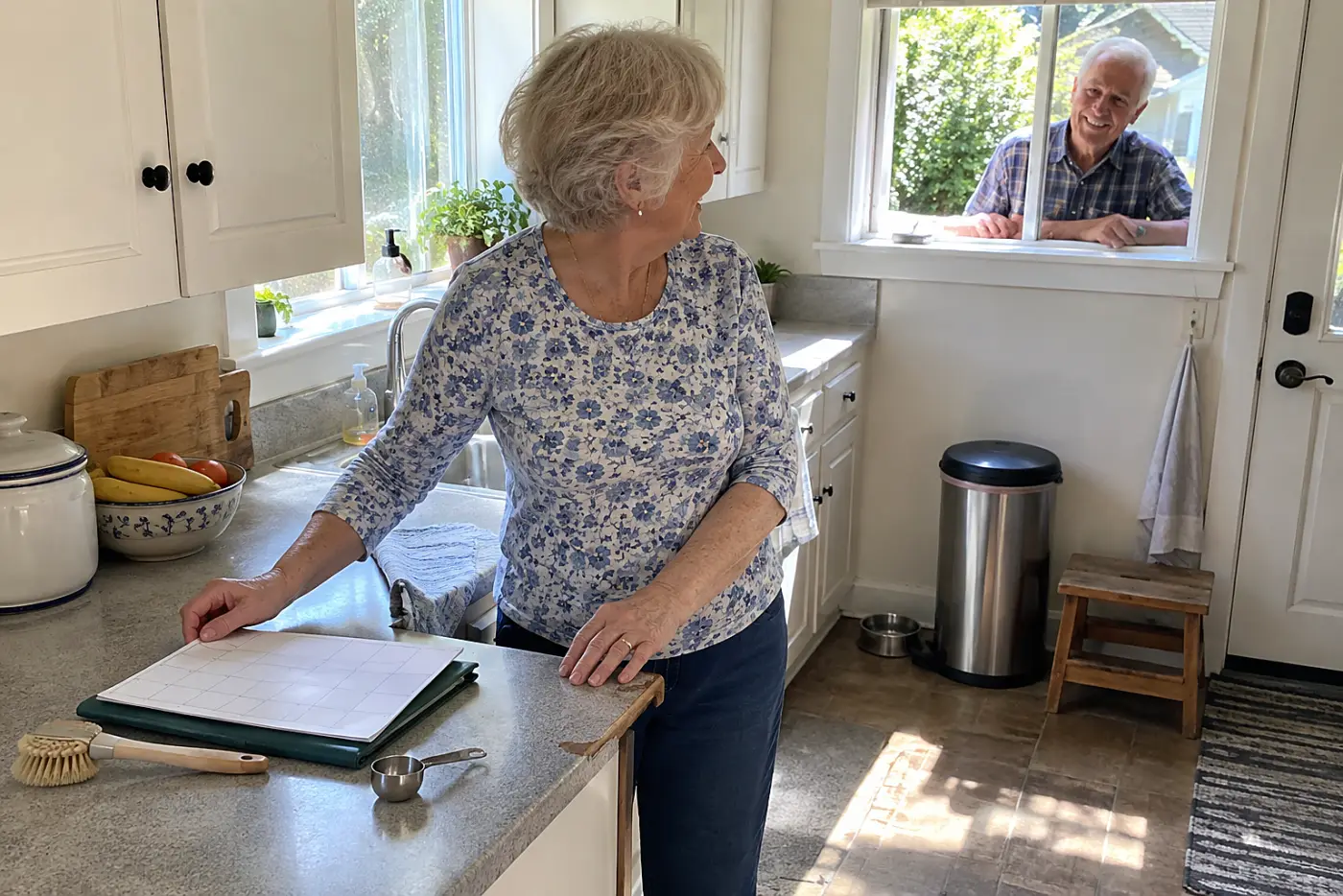 Older woman checking a paper calendar at her kitchen counter.