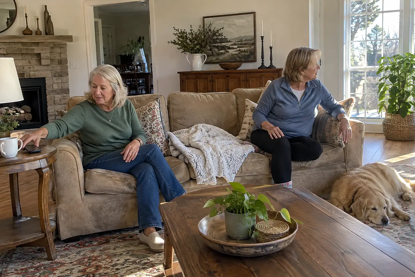 Older woman setting down her phone beside a friend in a living room.