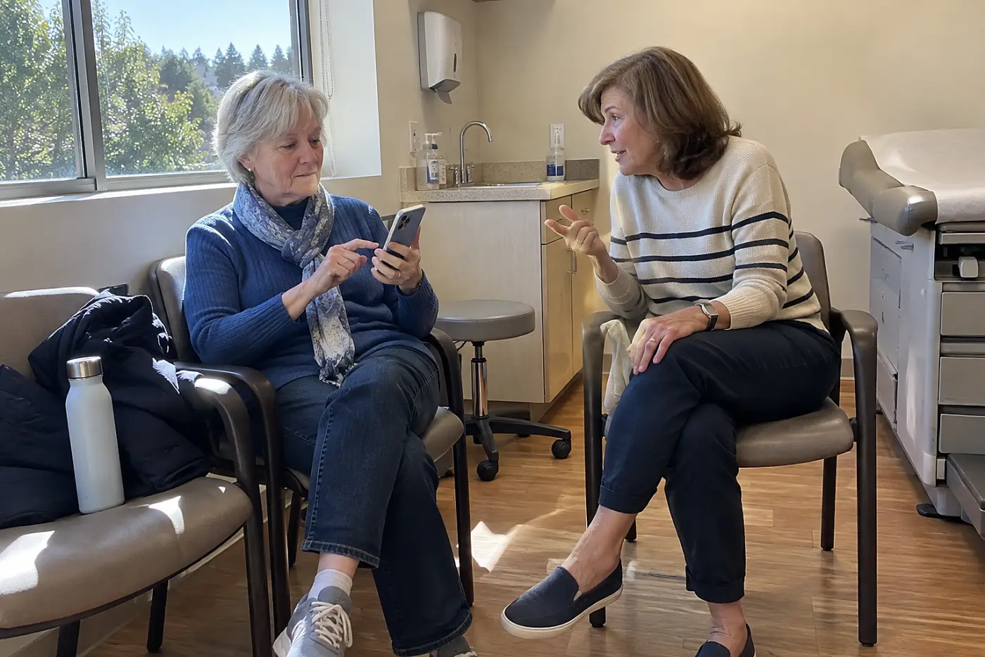 Older woman typing dated notes into her phone at a doctor's office.