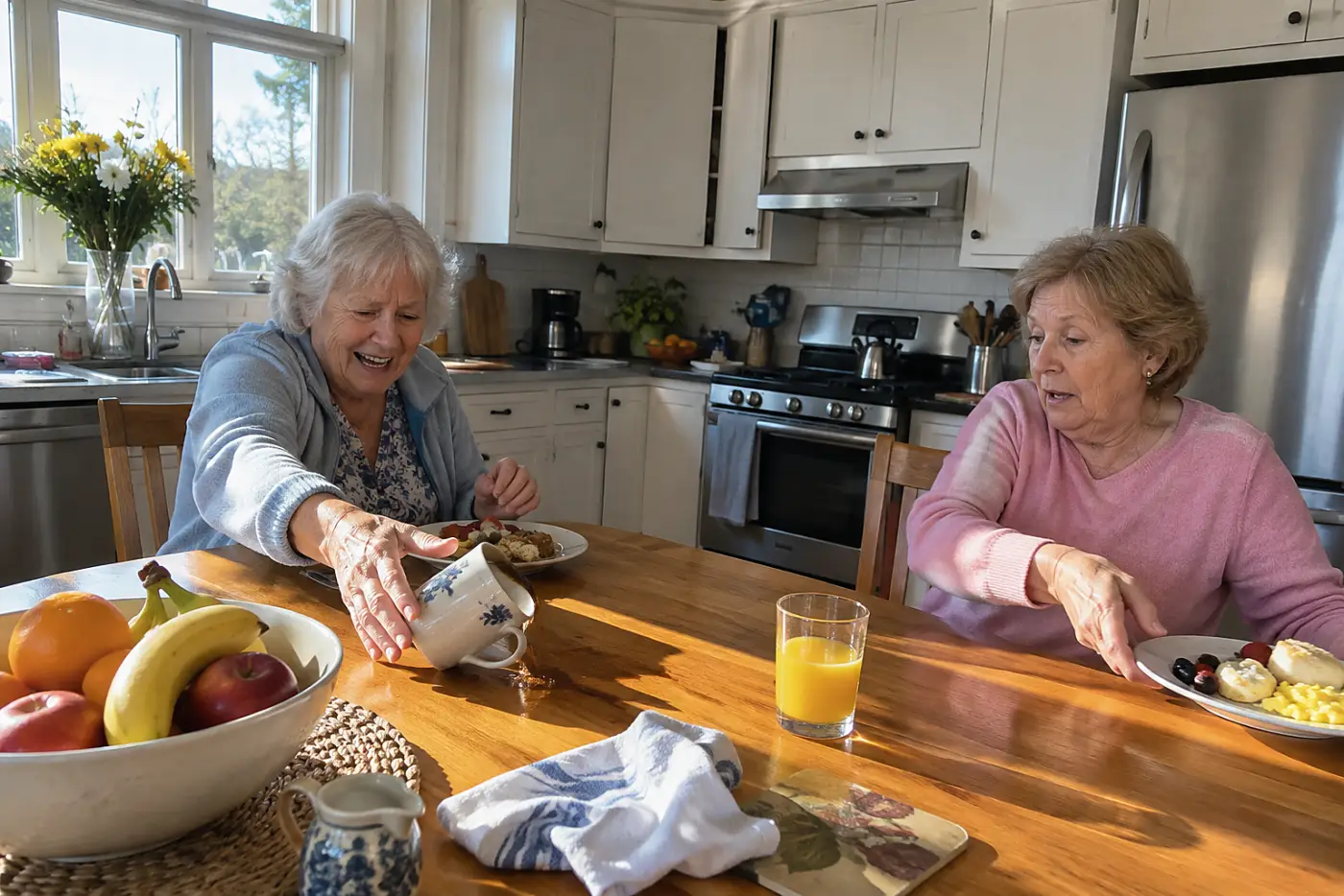Two older women talking across a breakfast table in a sunny kitchen.