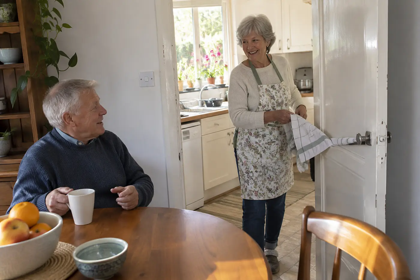 Older woman standing in her kitchen doorway with a dish towel in hand.