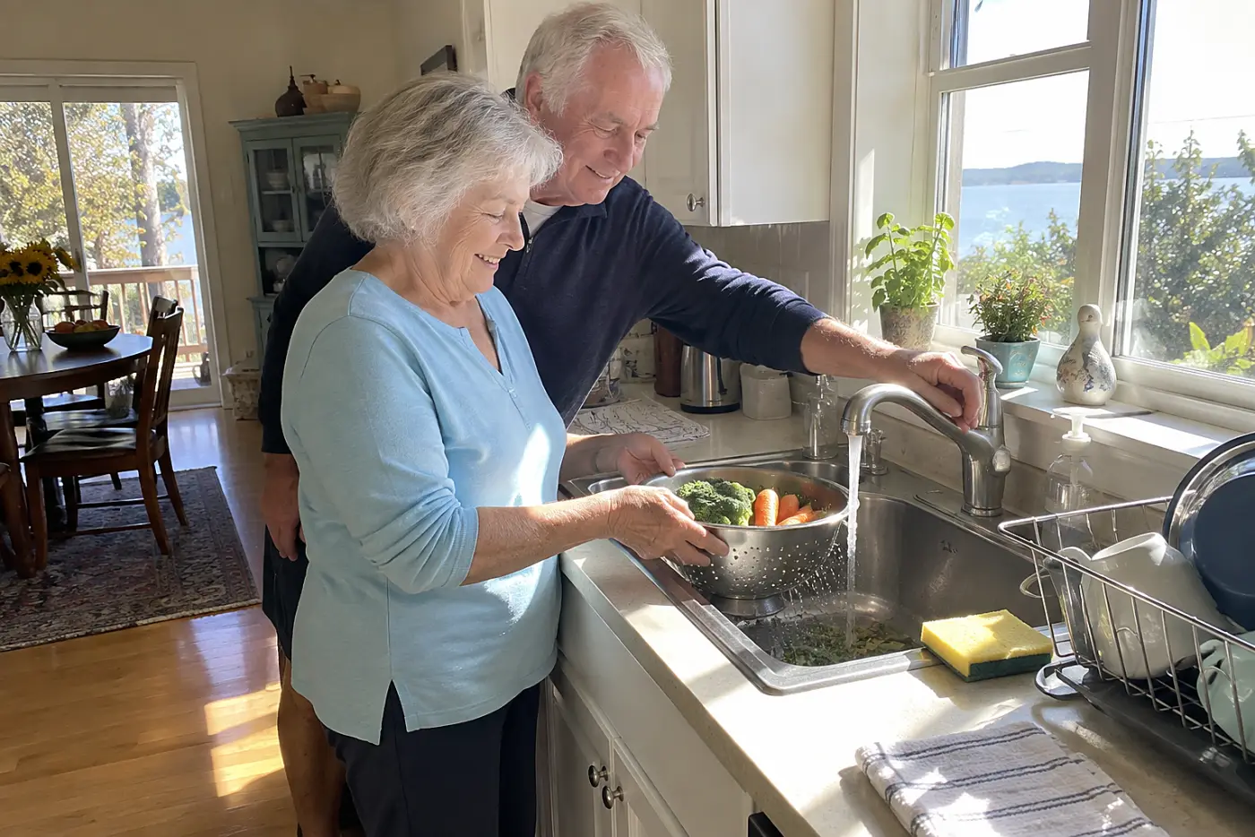 Older woman holding a colander beside the kitchen sink.