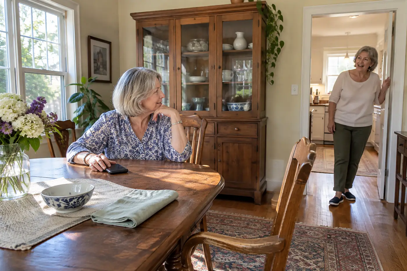 Older woman pausing over her phone while seated at a dining table.
