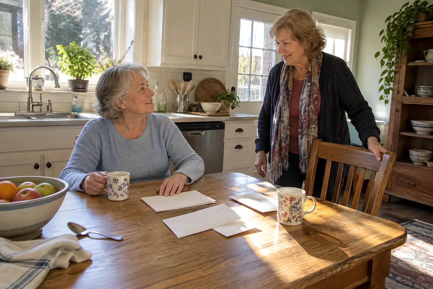 Older woman sitting beside unopened envelopes at her kitchen table.