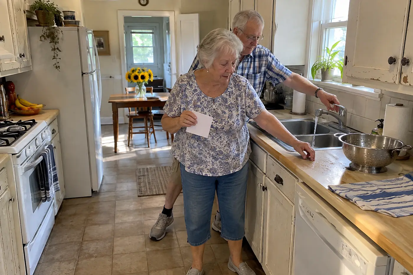 Older woman holding a handwritten note beneath a kitchen light.