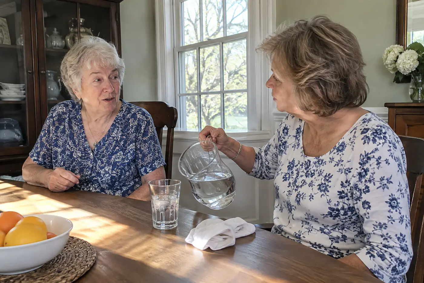 Older woman pausing during a conversation at her dining table.
