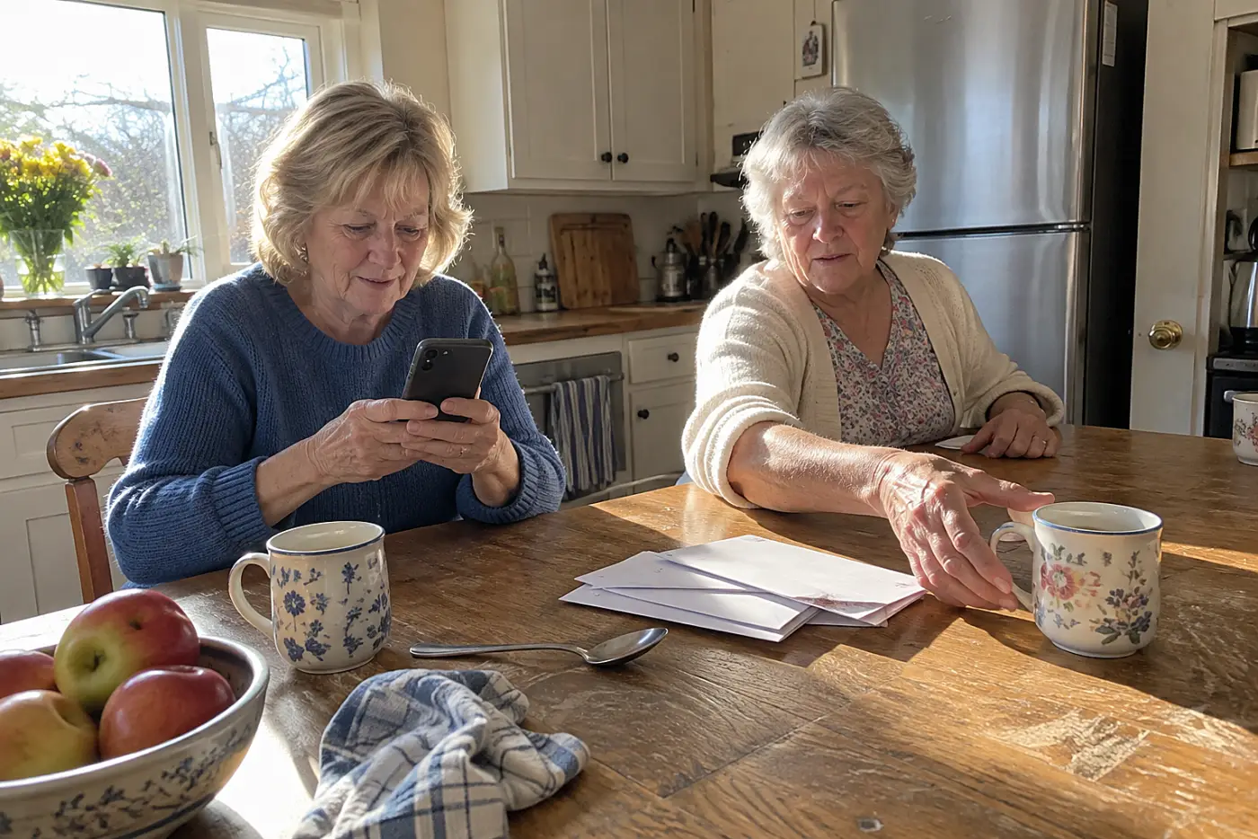 Older woman checking a saved phone number beside a stack of old envelopes at her kitchen table.