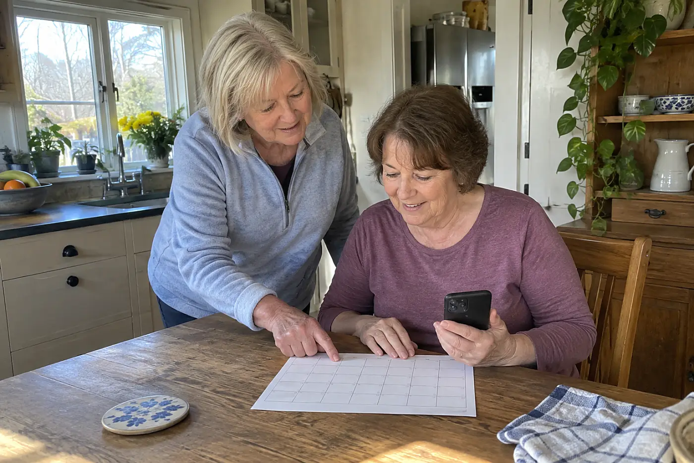 Older woman holding her phone beside a Saturday calendar entry at home.