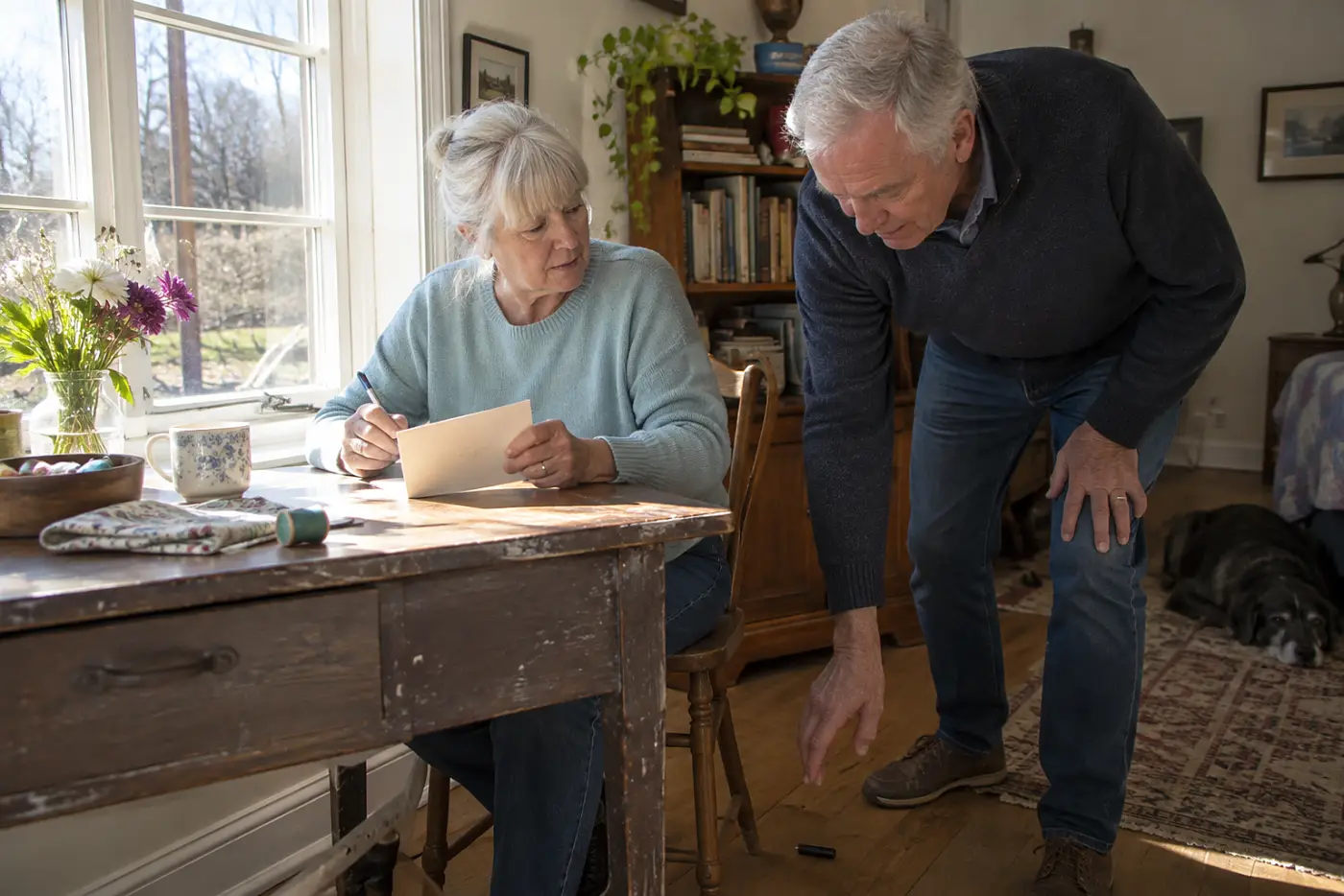 Older woman writing an apology card at a desk by a window.