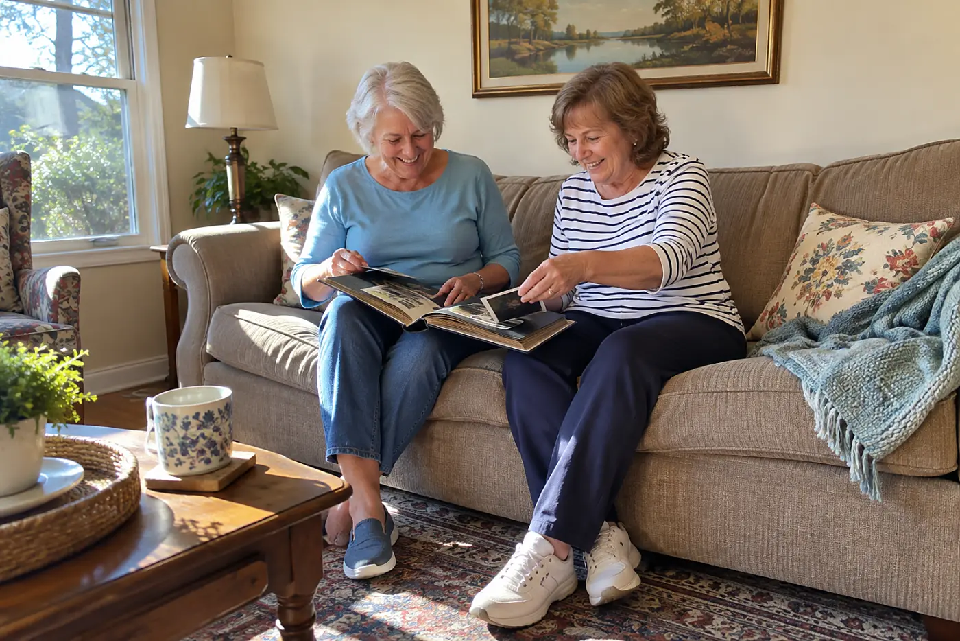 Two older women looking through a photo album on a living room sofa.