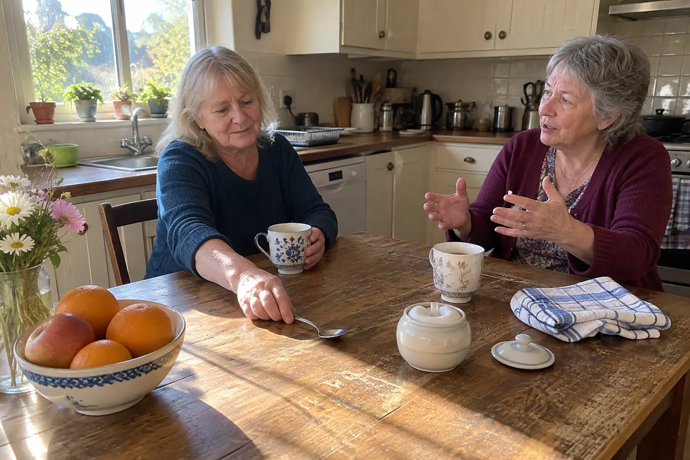 Older woman listening to a friend across a small kitchen table.