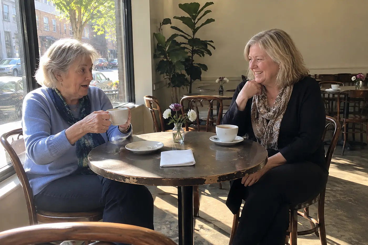 Two older women talking at a quiet café table away from the counter.