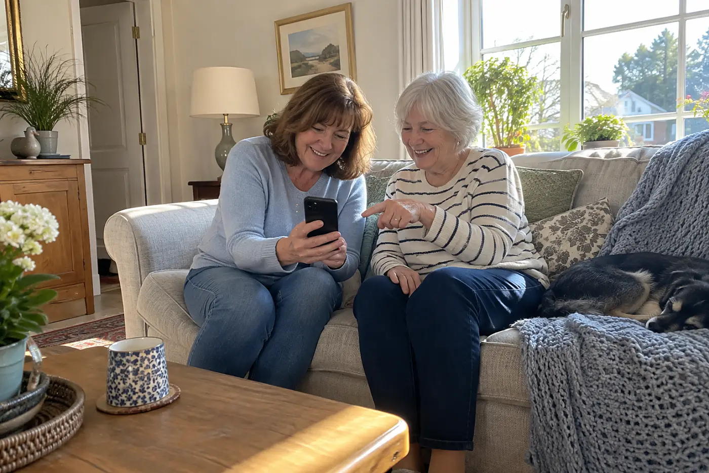 Older woman looking at a friend's garden photo on her phone in her living room.