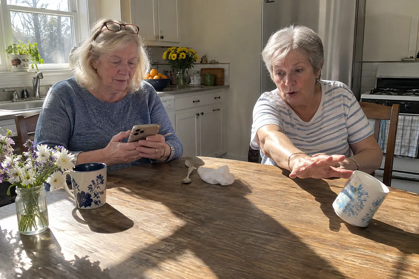 Older woman composing a message on her phone at a kitchen table.