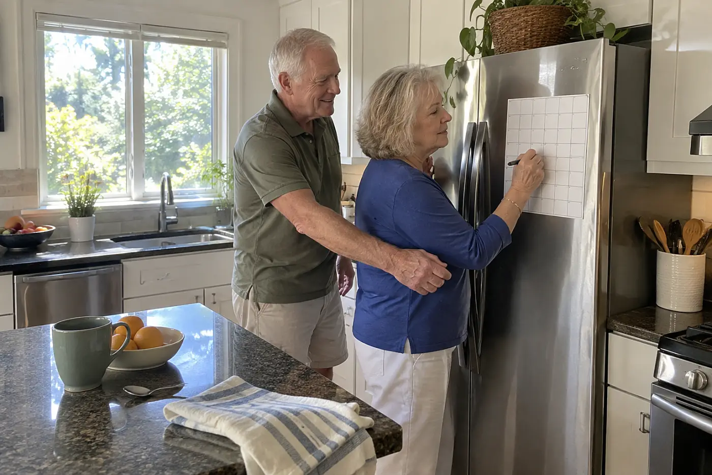 Older woman writing a new lunch date on the calendar beside her refrigerator.