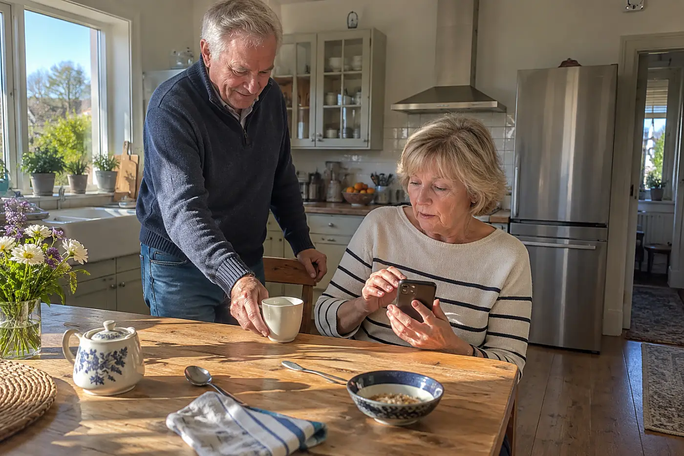 Older woman writing a coffee invitation on her phone at a kitchen table.