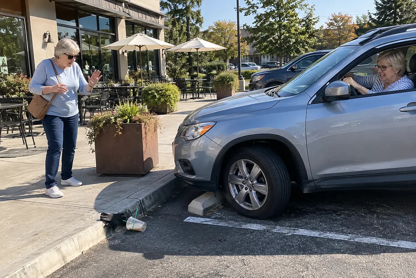 Older woman parking near a neighborhood café on a sunny afternoon.