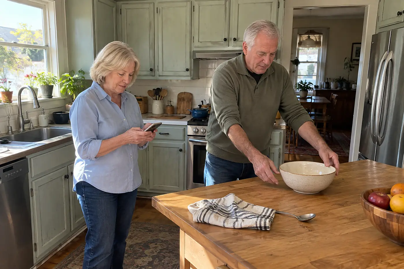 Older woman checking her phone beside a calendar of family appointments in her kitchen.