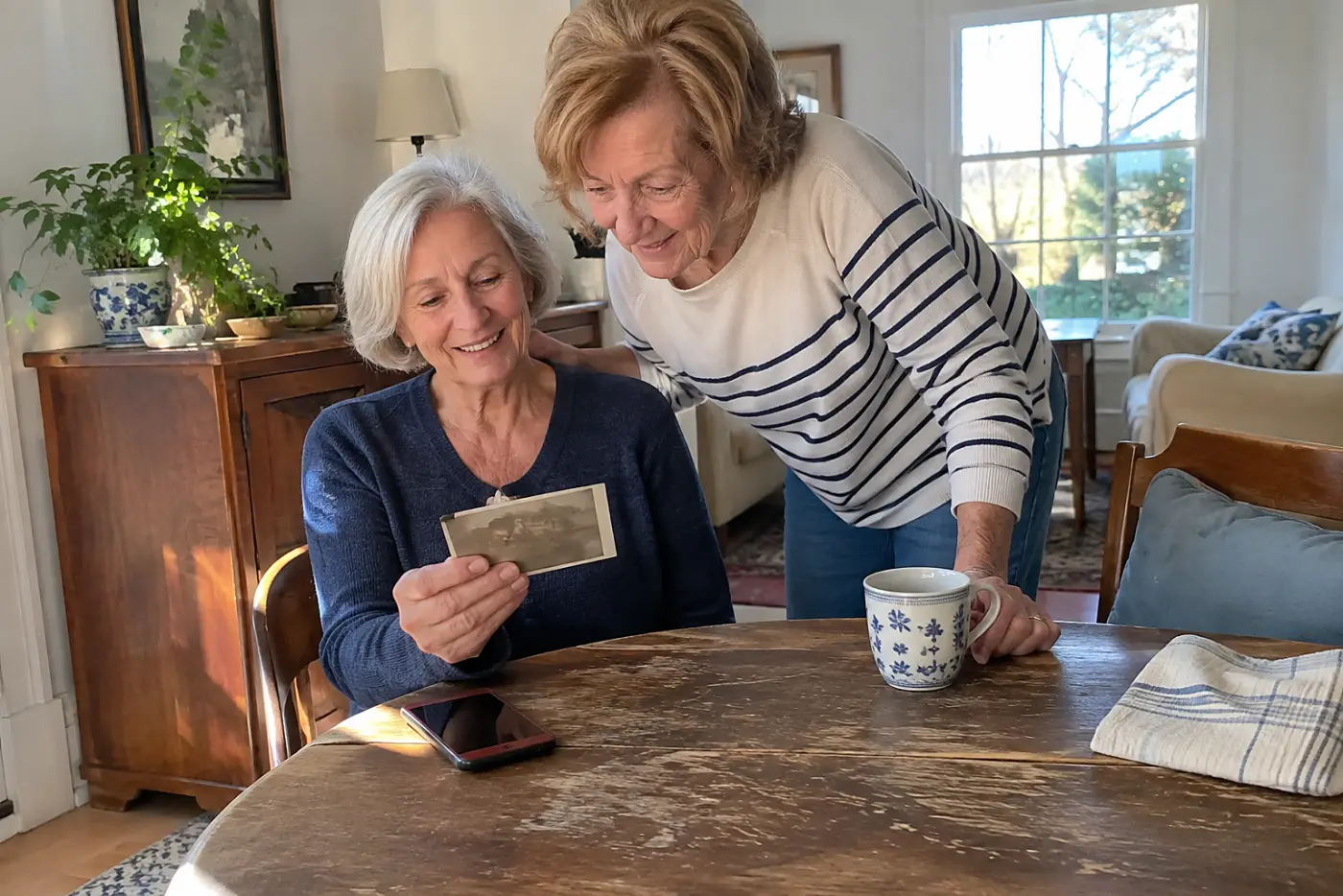 Older woman holding a faded photograph beside her phone at home.