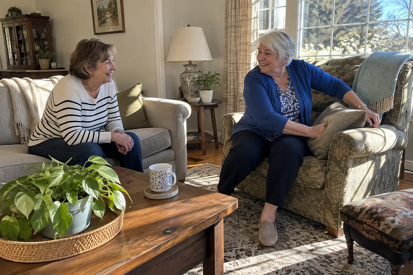 Older woman sitting across from a friend in a quiet living room.