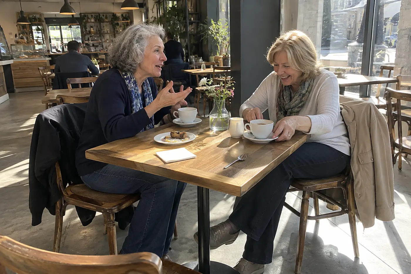 Two older women talking across a café table with their coats beside them.