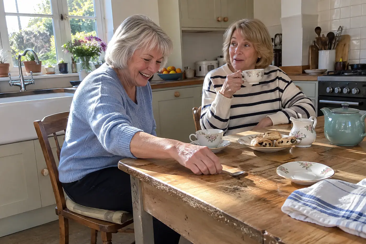 Two older women drinking tea together at a kitchen table.