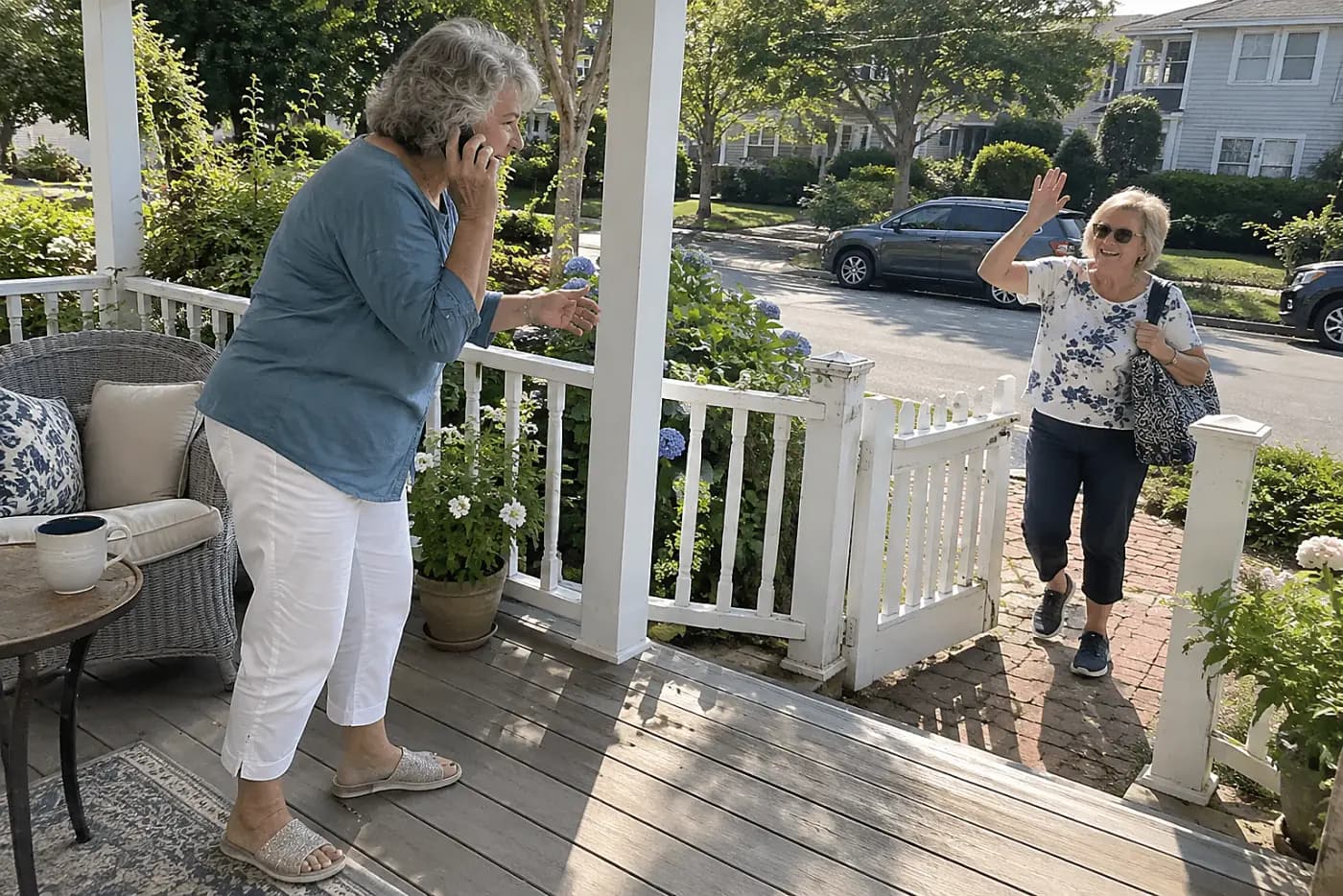 Older woman sitting on her porch during a phone call with a friend.