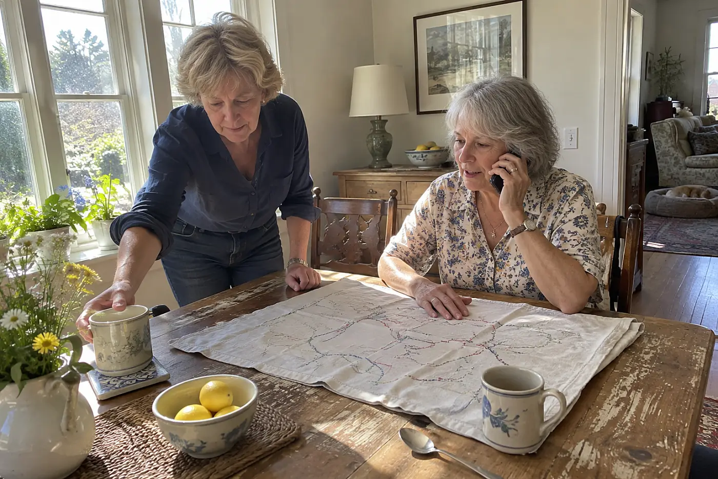 Older woman speaking by phone beside a map on her dining table.