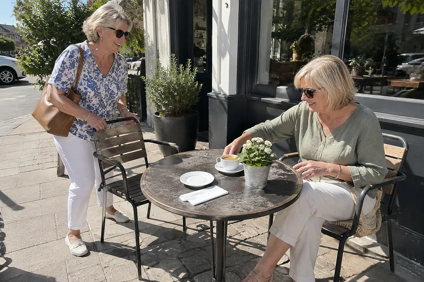 Two older women meeting for coffee at a small outdoor table.